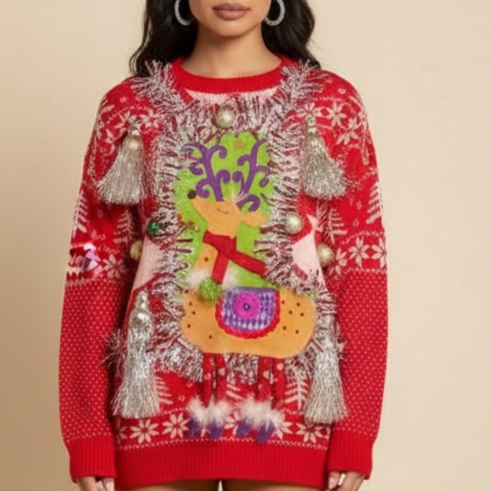 Festive Red Reindeer Ugly Christmas Sweater Winner LG